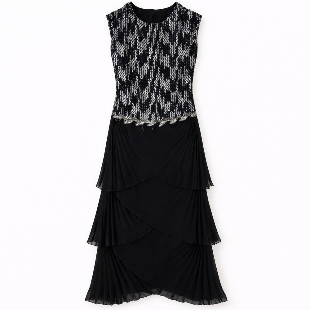 Vintage 80s Sequin Pleated Chiffon Cocktail Evening Dress Silver Black Glam